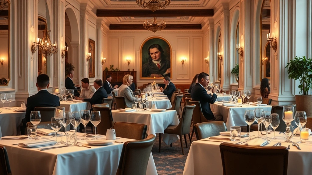 Fine dining restaurant interior with white tablecloths, elegant place settings, soft candlelight, sophisticated diners, refined European culinary presentation