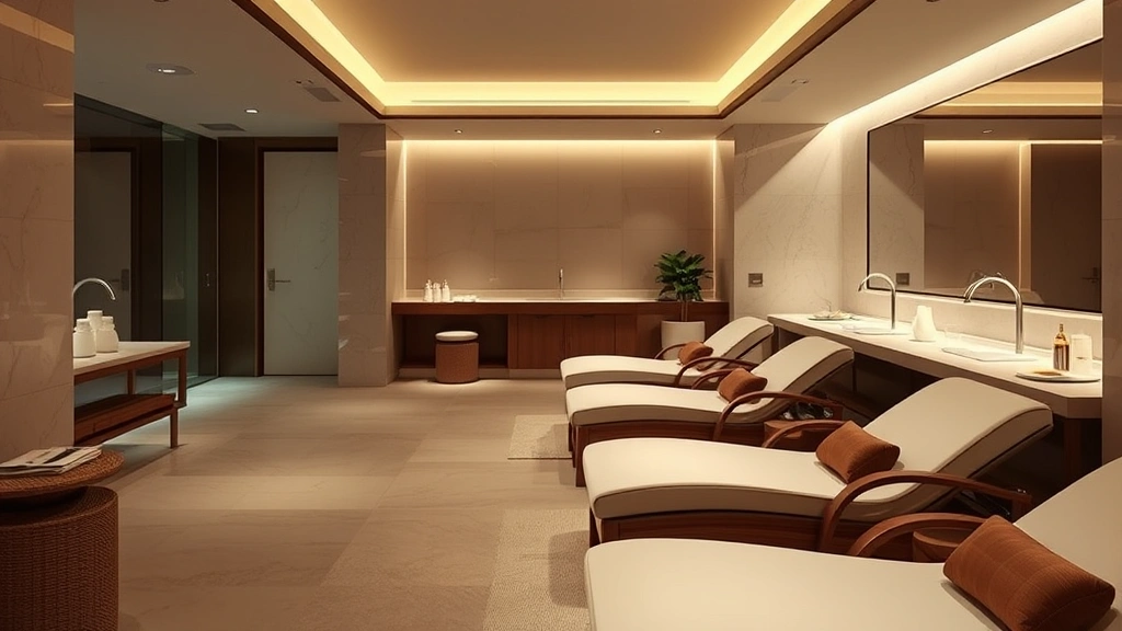 Upscale hotel spa relaxation area with comfortable lounging chairs, soft neutral tones, peaceful atmosphere, wellness-focused ambiance, premium spa amenities visible