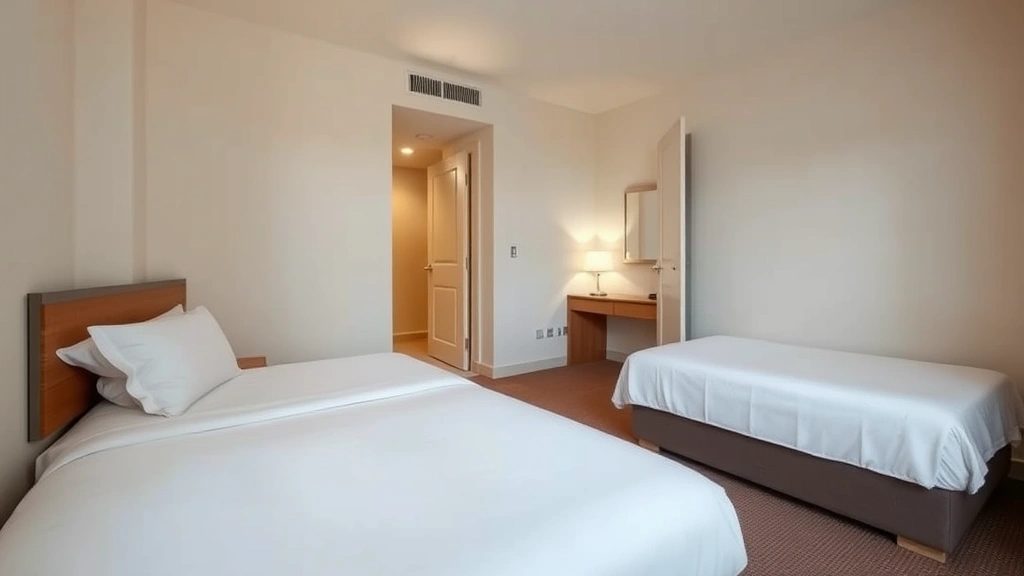 Clean, modest hotel room with two beds, white linens, simple nightstand with lamp, neutral walls, small desk area, and open door showing hallway - photorealistic budget hotel interior during daytime