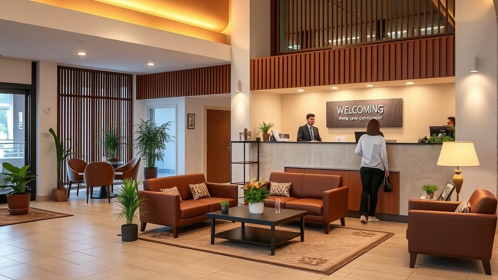 Welcoming hotel lobby with comfortable seating area, front desk counter, potted plants, warm lighting, and guests checking in - budget-friendly accommodation reception space