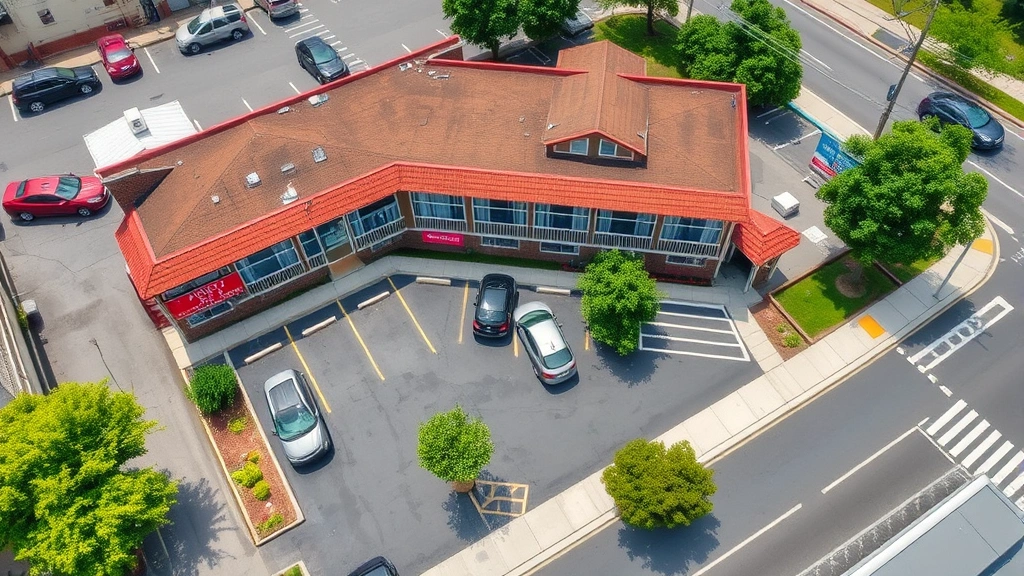 Aerial view of budget hotel property showing parking lot with multiple vehicles, exterior building entrance, nearby shops and restaurants, trees, and street access - practical location context for travelers