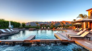 Upscale resort pool area in Calabasas with cascading water features, lounge chairs with white cushions, umbrella shade structures, surrounded by lush landscaping and mountains in background during golden hour