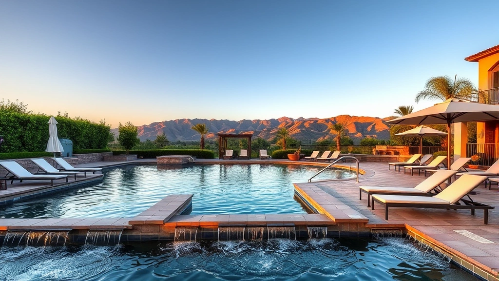 Upscale resort pool area in Calabasas with cascading water features, lounge chairs with white cushions, umbrella shade structures, surrounded by lush landscaping and mountains in background during golden hour