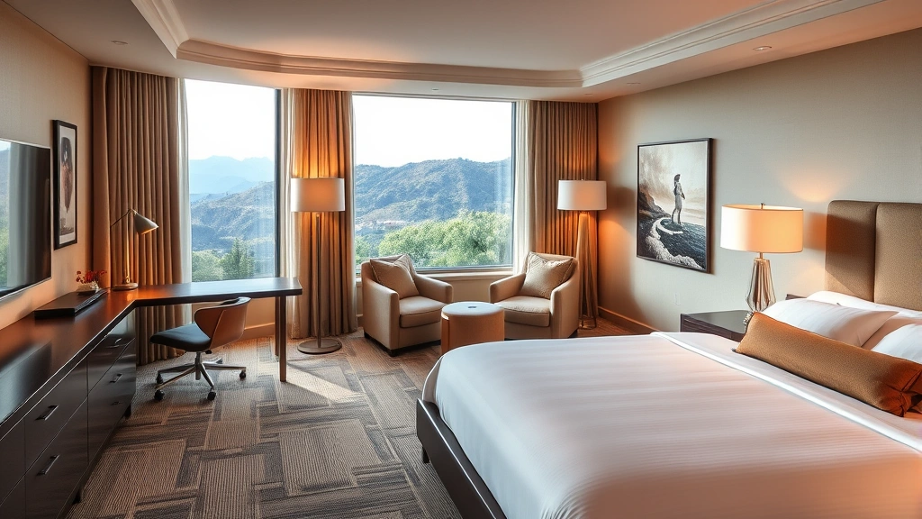 Spacious luxury hotel suite interior featuring king bed with high-thread-count linens, modern desk workspace, floor-to-ceiling windows overlooking Calabasas hills, contemporary furniture and warm ambient lighting