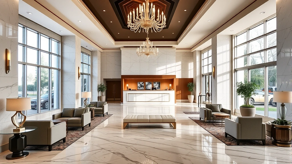 Elegant hotel lobby in Calabasas with marble flooring, modern chandelier, comfortable seating areas with contemporary furniture, check-in desk in background, and natural light from large windows