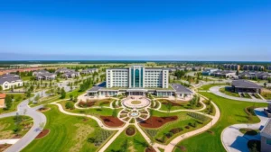 Aerial view of a modern hotel property surrounded by manicured landscaping and walking paths in a planned residential community with contemporary architecture and clear blue sky