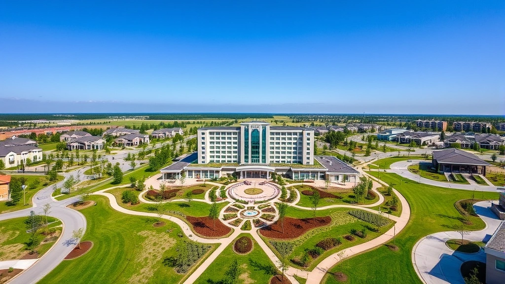 Aerial view of a modern hotel property surrounded by manicured landscaping and walking paths in a planned residential community with contemporary architecture and clear blue sky