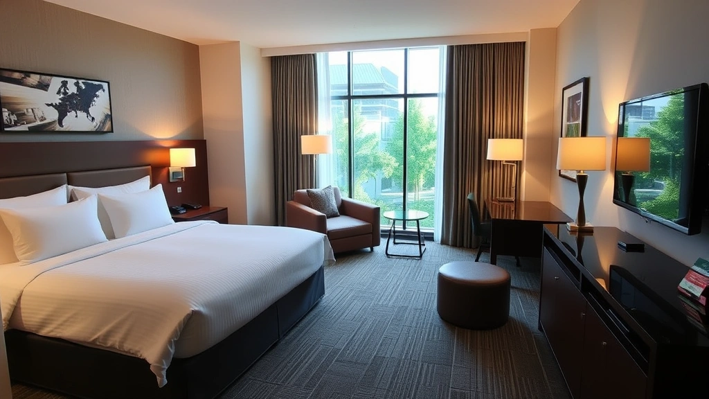 Interior view of a spacious, well-appointed hotel room with comfortable bedding, modern furnishings, large windows showing outdoor greenery, and contemporary décor