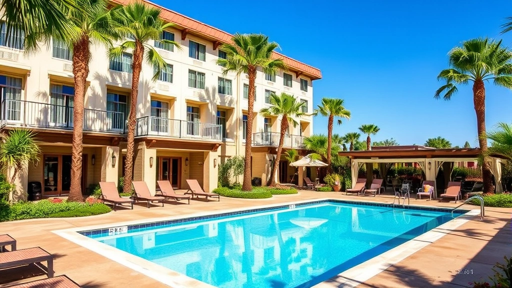 Outdoor hotel amenity area featuring a sparkling swimming pool, lounge chairs, landscaped gardens, and welcoming resort atmosphere in bright daylight