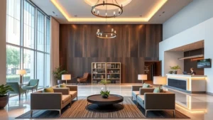 Modern hotel lobby in Centralia with comfortable seating, contemporary lighting, and welcoming reception desk, photorealistic interior design
