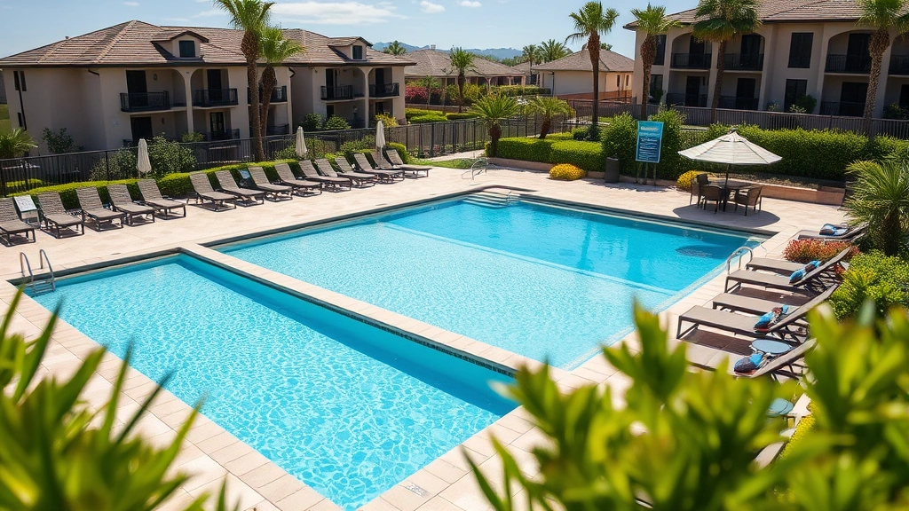 Luxury hotel swimming pool area with lounge chairs, surrounding landscaping, and clear blue water on sunny day, residential setting