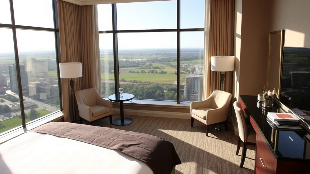 Hotel suite bedroom with panoramic window view of landscape, elegant furnishings, modern amenities, and natural daylight streaming in