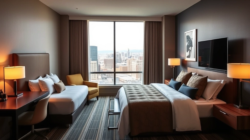 Modern hotel room with queen bed, wooden desk, warm lighting, and city view through window in contemporary Colorado style interior