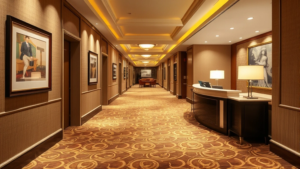 Spacious hotel hallway with elegant carpet, framed artwork on walls, warm ambient lighting, and professional concierge desk in background