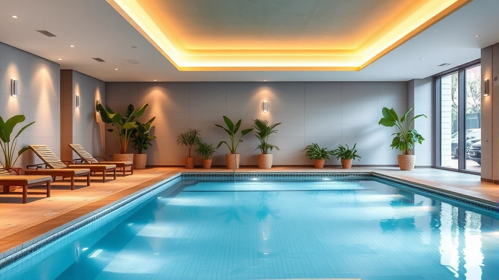 Indoor heated swimming pool with lounge chairs, potted green plants, soft lighting, and relaxation area in contemporary hotel setting