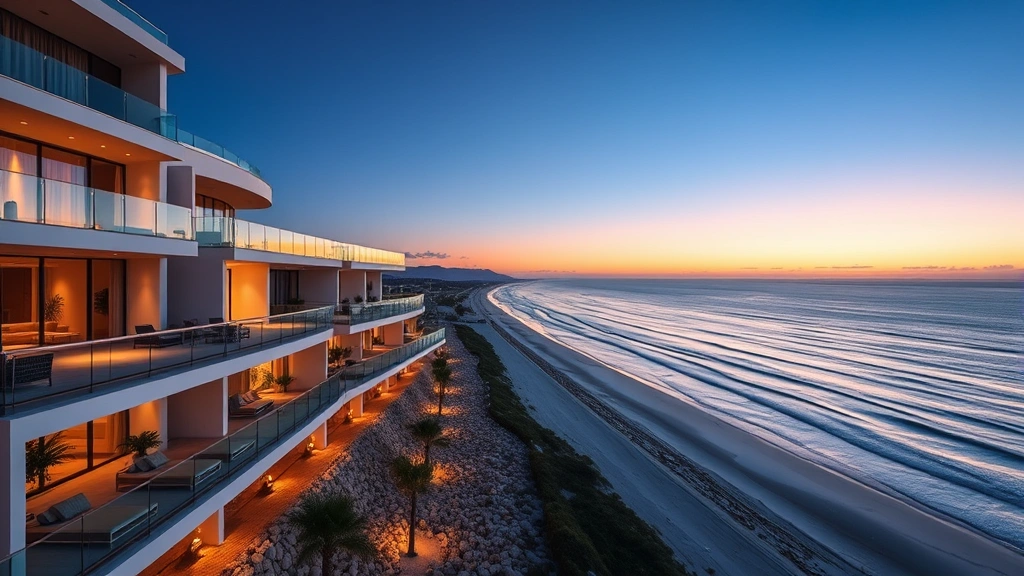 Luxury beachfront hotel with oceanview balconies, modern architecture, sunset lighting, Atlantic coastline visible, high-end resort exterior