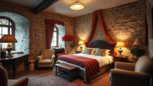 Cozy historic hotel bedroom with exposed stone walls, period furniture, warm lighting, and traditional Swedish design elements in a medieval building setting
