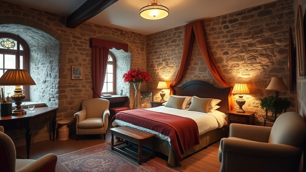 Cozy historic hotel bedroom with exposed stone walls, period furniture, warm lighting, and traditional Swedish design elements in a medieval building setting