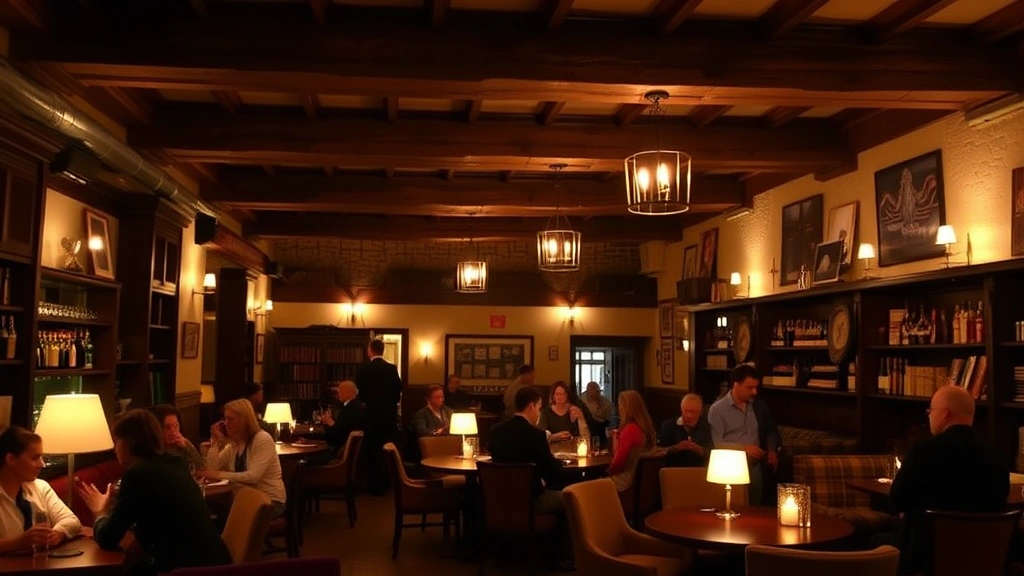 Intimate hotel bar lounge with wooden beams, ambient candlelight, comfortable seating, and guests socializing in a charming European historic interior