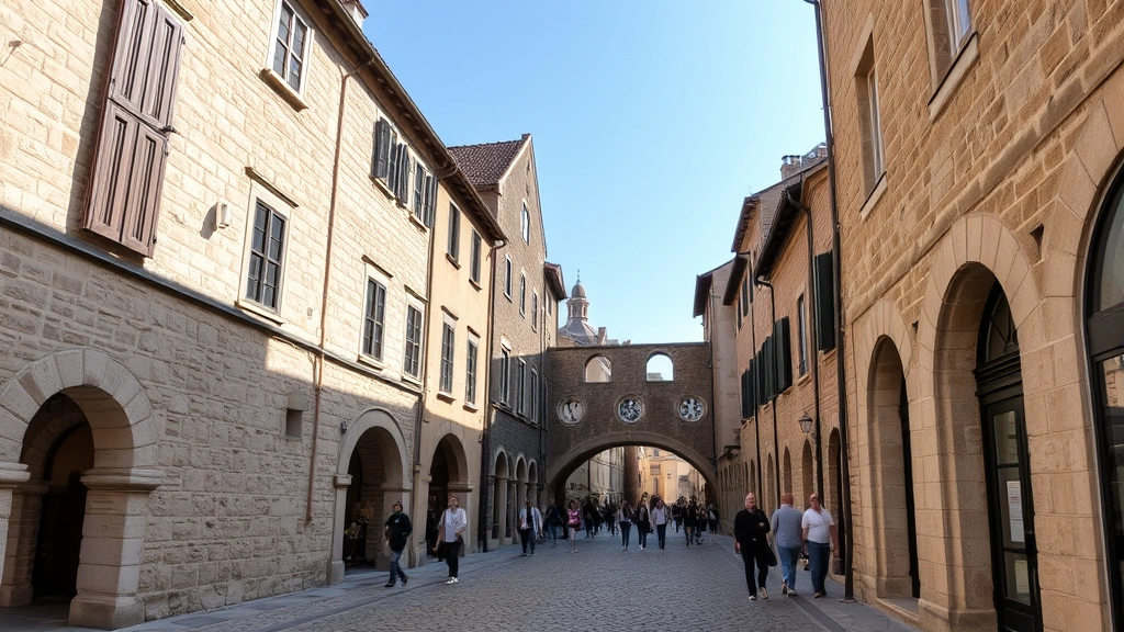 Narrow medieval cobblestone street in historic Old Town with traditional stone buildings, archways, and pedestrians exploring cultural heritage area during daytime