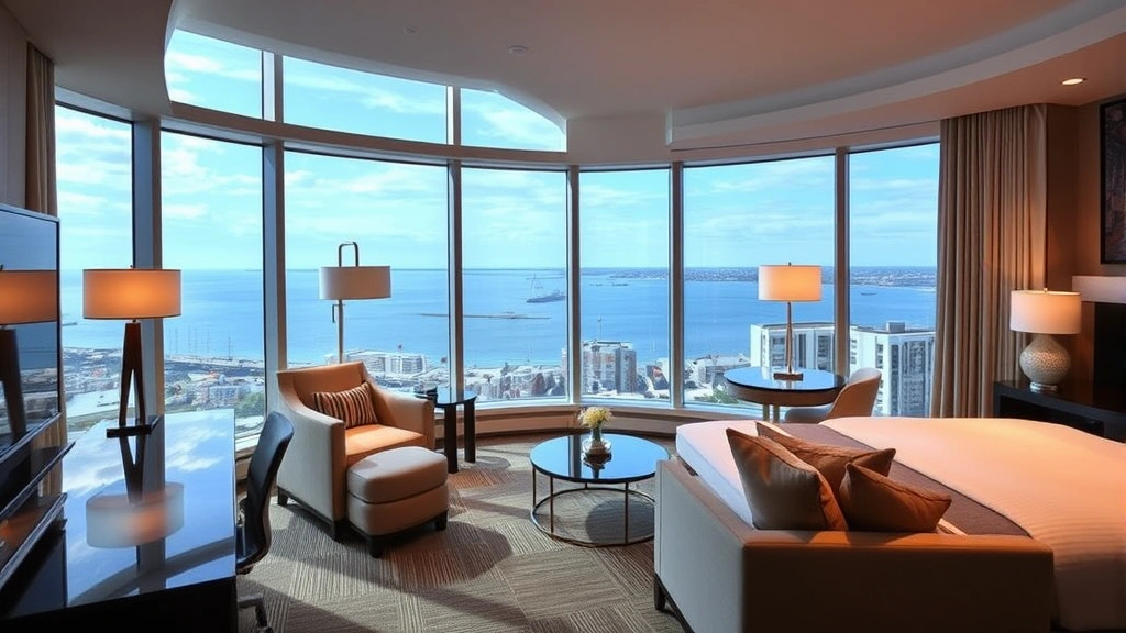 Bright, modern hotel suite overlooking Lake Michigan waterfront with floor-to-ceiling windows, contemporary furnishings, and professional lighting creating an upscale hospitality atmosphere