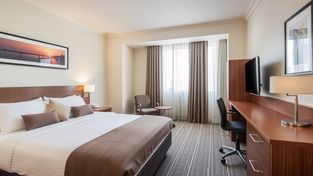Comfortable mid-range hotel room featuring clean lines, modern bedding, functional desk workspace, and contemporary décor representing reliable quality accommodation