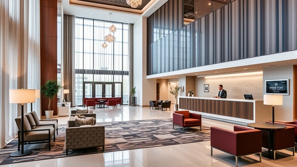 Contemporary hotel lobby with contemporary seating areas, professional reception desk, welcoming atmosphere, and modern architectural design representing hospitality excellence