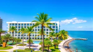 Modern beachfront hotel with palm trees and water view, Tampa Bay waterfront, bright sunny day, contemporary architecture with balconies overlooking blue water, tropical landscaping