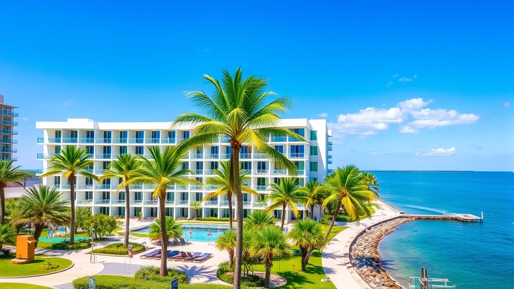 Modern beachfront hotel with palm trees and water view, Tampa Bay waterfront, bright sunny day, contemporary architecture with balconies overlooking blue water, tropical landscaping