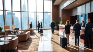 Modern hotel lobby in Manhattan with contemporary furnishings, check-in desk, and attendees with luggage in business attire, bright natural lighting from floor-to-ceiling windows overlooking urban skyline