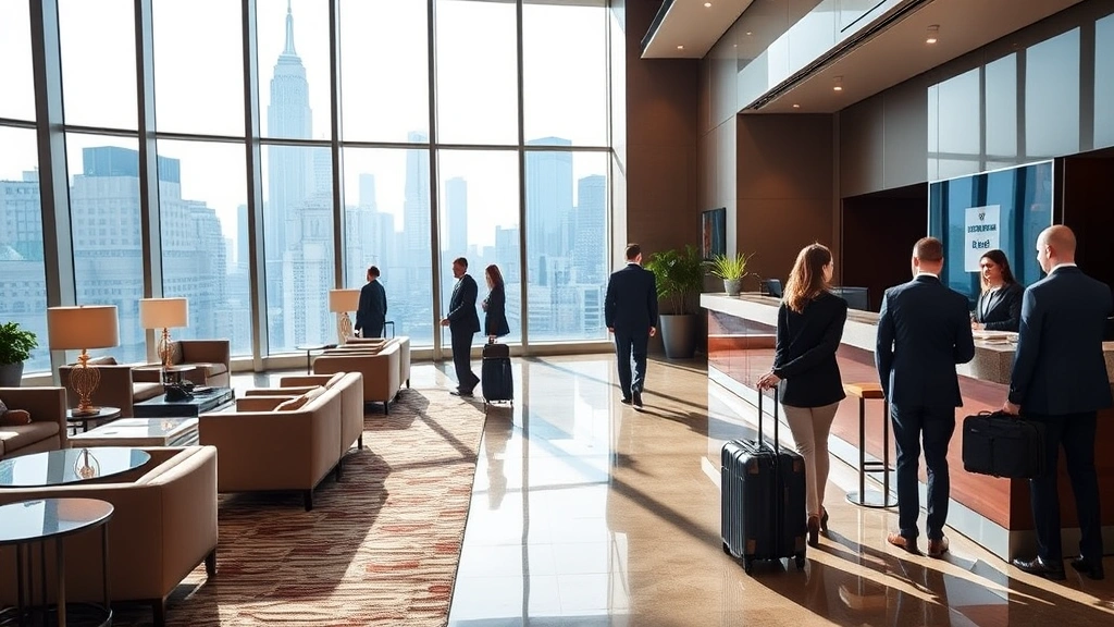 Modern hotel lobby in Manhattan with contemporary furnishings, check-in desk, and attendees with luggage in business attire, bright natural lighting from floor-to-ceiling windows overlooking urban skyline