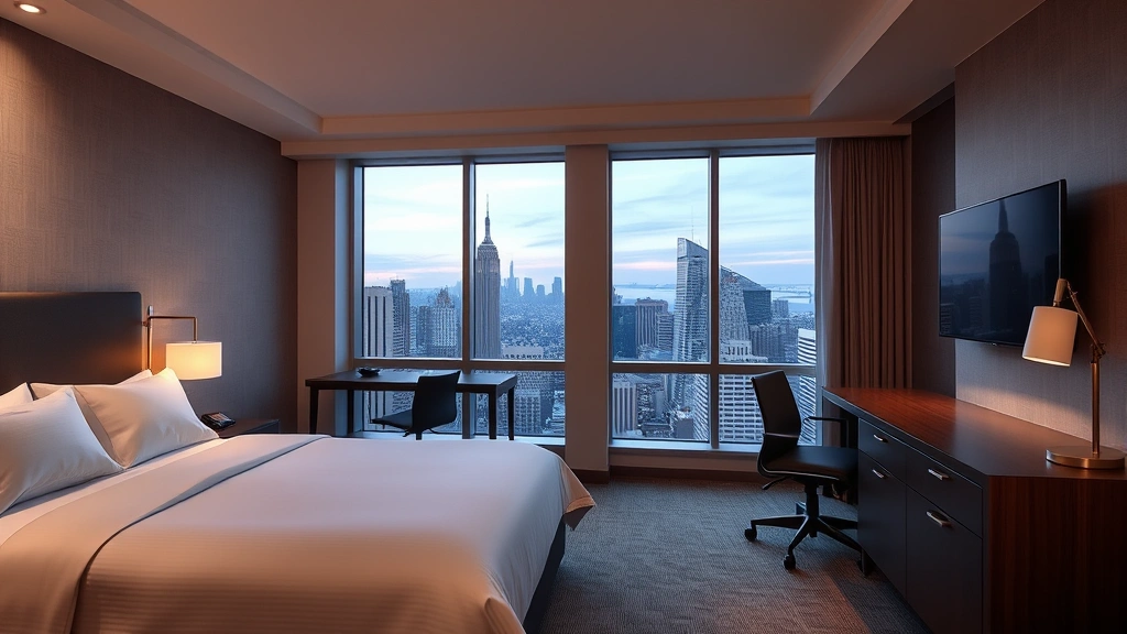 Spacious hotel room with queen bed, work desk with ergonomic chair, flat-screen television, and floor-to-ceiling windows showing Manhattan cityscape at dusk, contemporary minimalist design