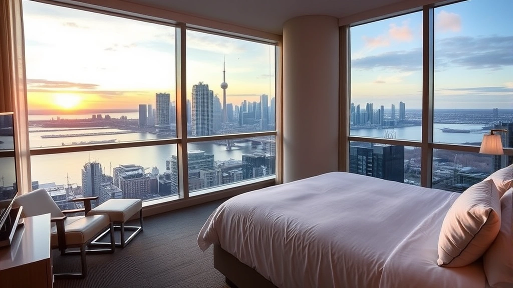 Modern downtown Toronto hotel bedroom with floor-to-ceiling windows overlooking Lake Ontario and city skyline at sunset, contemporary furniture, white bedding, minimalist design, natural lighting