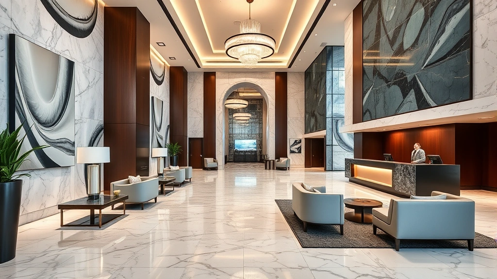 Upscale hotel lobby in downtown Toronto with marble floors, contemporary art installations, comfortable seating areas, modern lighting fixtures, professional concierge desk, bright airy space