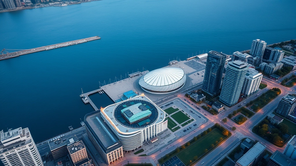 Aerial view of downtown Toronto waterfront district showing hotels, Rogers Center venue area, blue water, urban architecture, parks, streets with pedestrians, daytime lighting