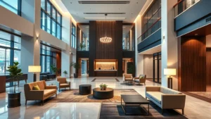 Modern hotel lobby with comfortable seating, ambient lighting, contemporary furniture, and welcoming atmosphere, photorealistic interior design photography