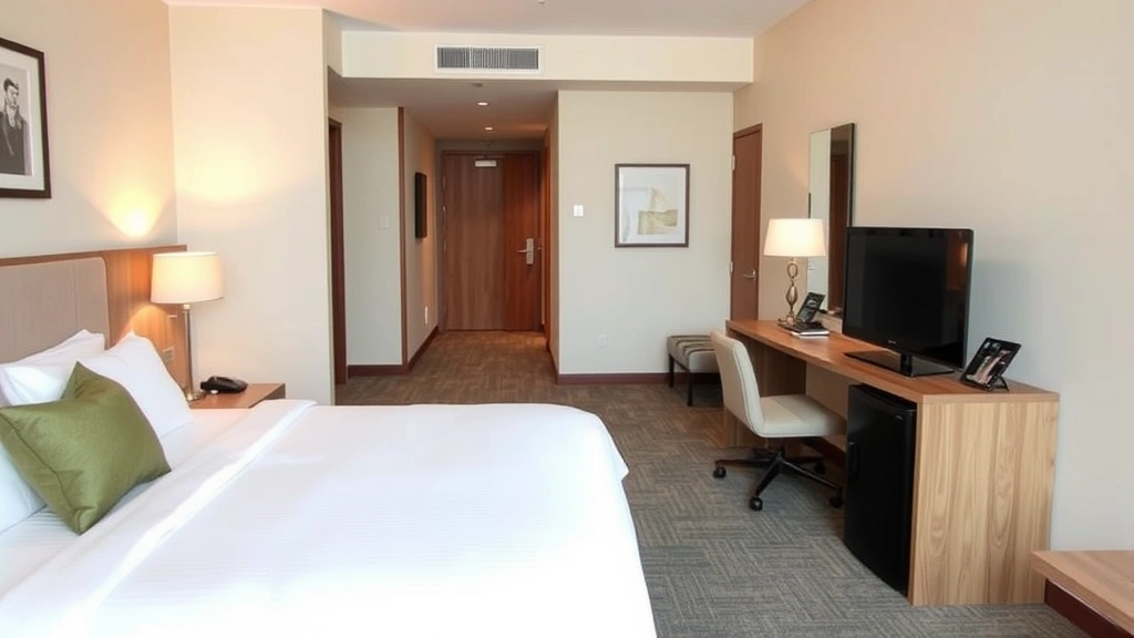 Spacious hotel guest room with comfortable bed, work desk, modern amenities, and tasteful decor reflecting contemporary hospitality standards