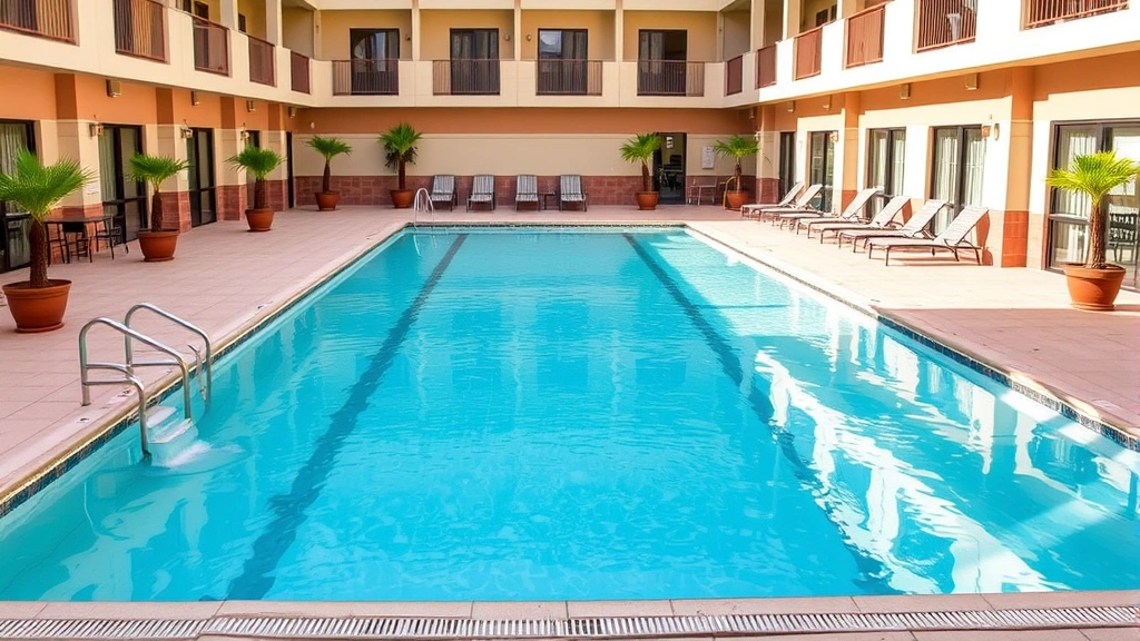 Hotel pool area with clear water, comfortable lounging spaces, potted plants, and bright natural lighting creating inviting recreational environment