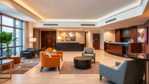 Modern hotel lobby with comfortable seating, warm lighting, and welcoming front desk area in a mid-size Texas city hotel, showing clean contemporary design and professional hospitality environment