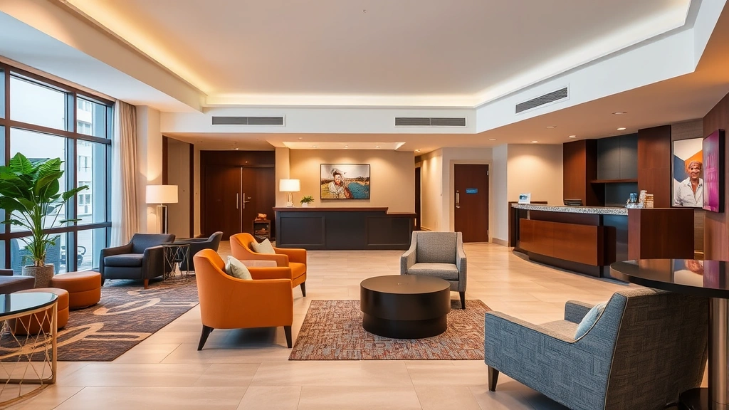 Modern hotel lobby with comfortable seating, warm lighting, and welcoming front desk area in a mid-size Texas city hotel, showing clean contemporary design and professional hospitality environment
