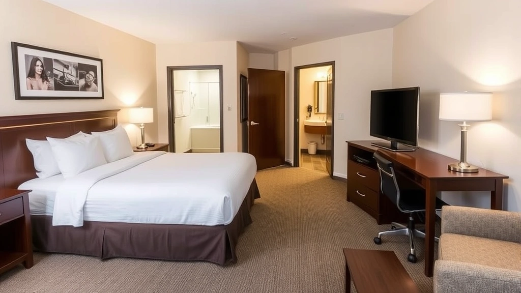Spacious hotel room with queen bed, work desk, modern bathroom visible through open door, clean linens and comfortable furnishings typical of mid-range Texas accommodations