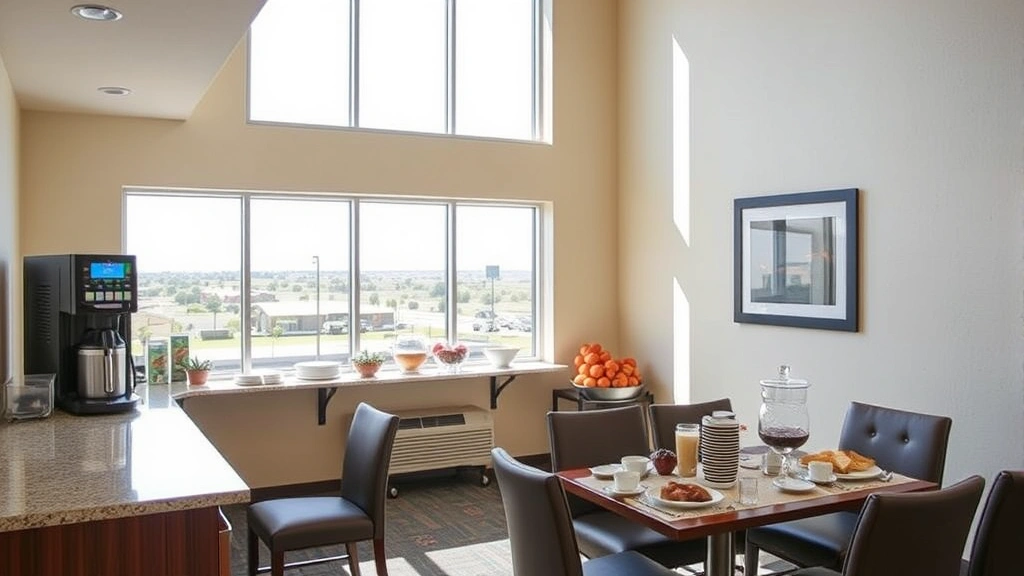Hotel breakfast area with buffet setup, coffee station, and seating area with windows showing Texas landscape, bright morning lighting and continental breakfast spread