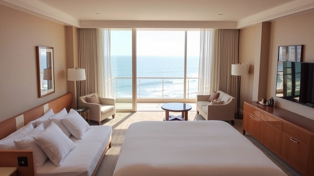 Spacious modern hotel room with ocean view balcony, white bedding, natural light from floor-to-ceiling windows overlooking Pacific coastline, contemporary furniture and warm neutral decor