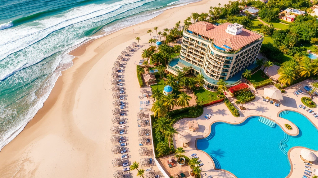 Aerial view of beachfront hotel property with swimming pool, palm trees, sandy beach, and ocean waves, showing resort layout and coastal landscape
