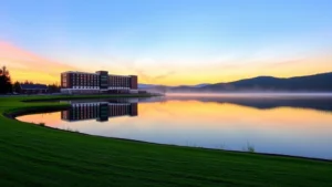 Serene morning view of Otsego Lake with modern hotel building reflected in calm water, colorful sunrise sky, manicured grounds with green lawn, no text or signage visible