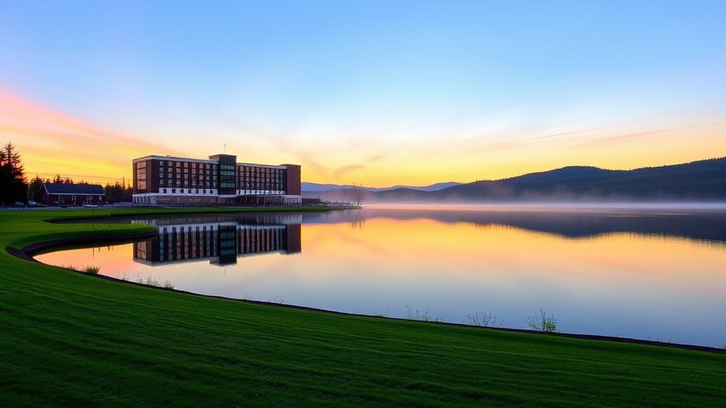Serene morning view of Otsego Lake with modern hotel building reflected in calm water, colorful sunrise sky, manicured grounds with green lawn, no text or signage visible