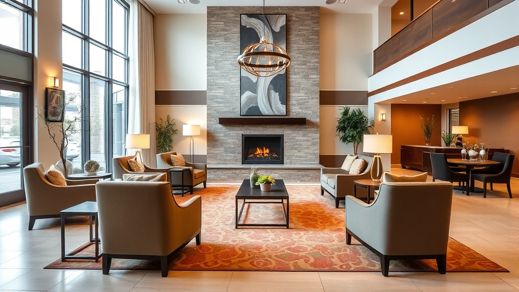 Welcoming hotel lobby interior with comfortable seating, fireplace, natural light from windows, elegant furniture arrangement, warm ambient lighting, contemporary design elements
