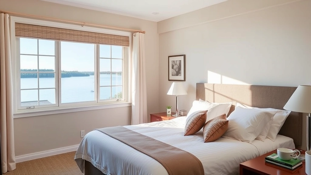 Peaceful guest bedroom with lake view from window, comfortable bed with quality linens, modern amenities on nightstand, natural daylight streaming in, clean professional interior design