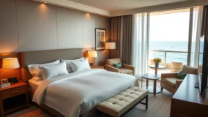 Cozy hotel room interior with modern furnishings, comfortable bed with white linens, soft warm lighting, coastal color palette of blues and greens, large window showing ocean view in background, professional photography of upscale accommodation