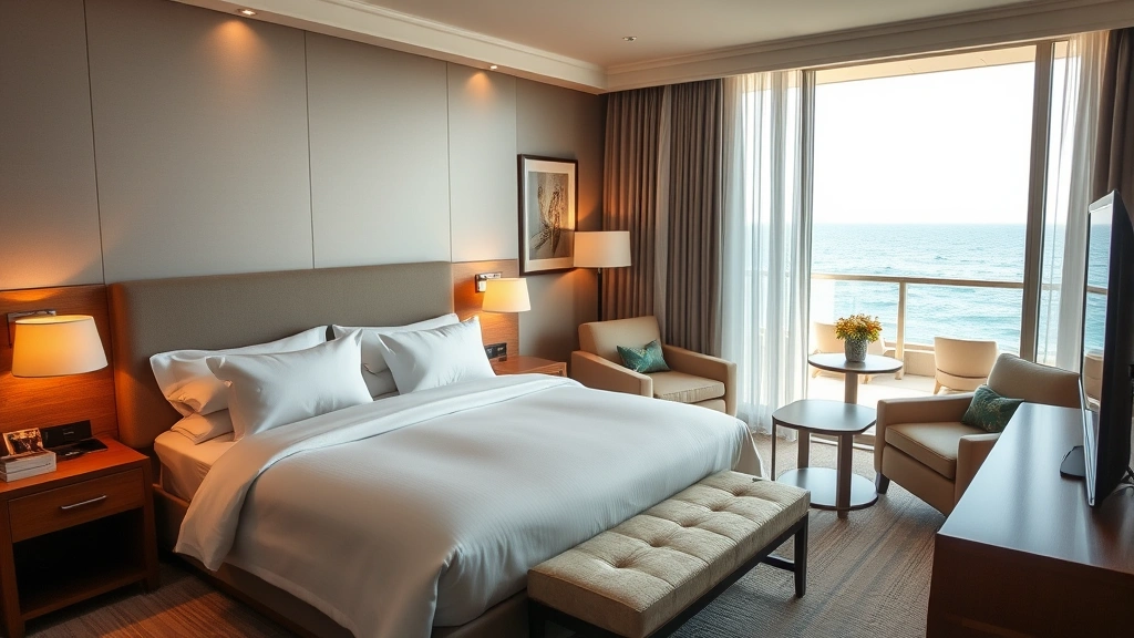 Cozy hotel room interior with modern furnishings, comfortable bed with white linens, soft warm lighting, coastal color palette of blues and greens, large window showing ocean view in background, professional photography of upscale accommodation